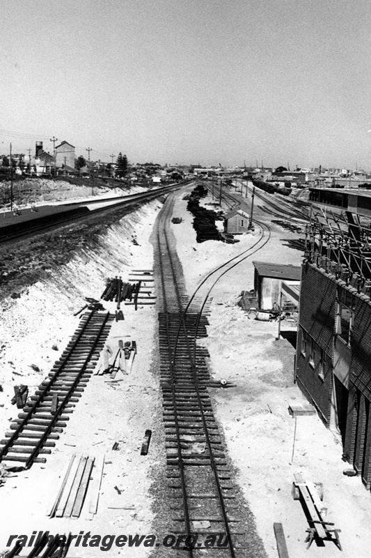 P21331
Elevated view of the Yarmaster's Office and Control Tower under construction  and the newly laid track, Leighton
