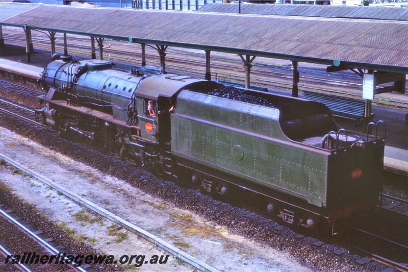 P21337
V class 1202, crew, platforms, canopies, Perth station, side and rear view from elevated position
