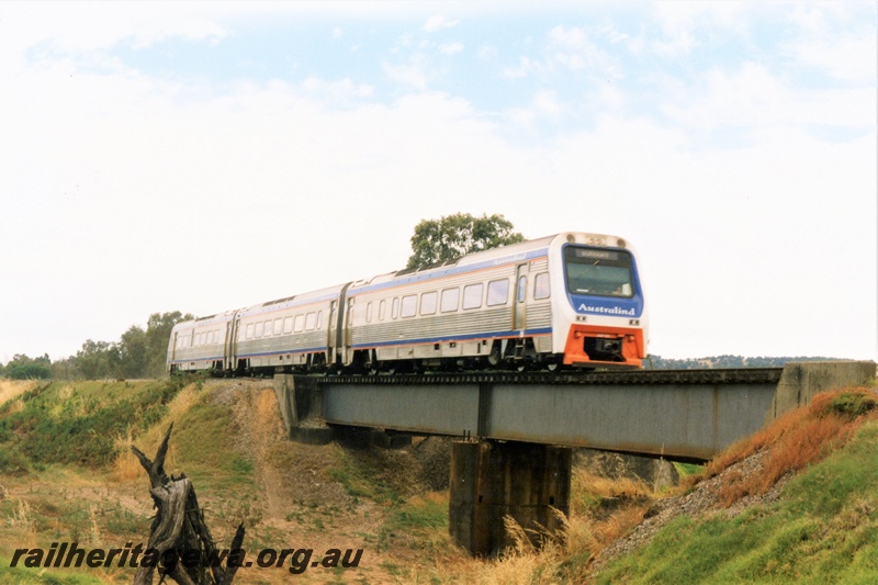 P21357
Three car Australind railcar set crossing the steel girder bridge at Roelands heading towards Bunbury,  SWR line, view along the train
