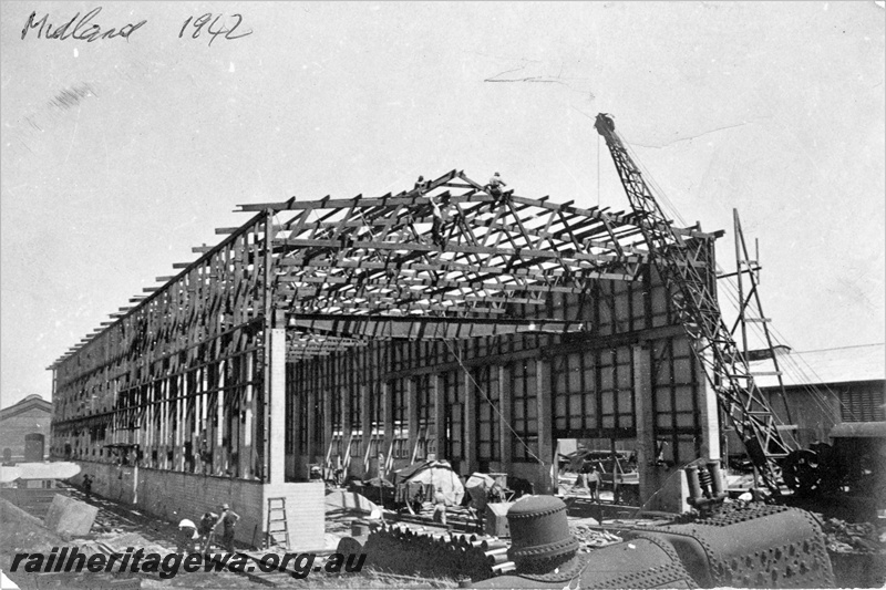 P21378
Forging annexe under construction, crane, workers, boiler, building, Midland Workshops, ER line, ground level view
