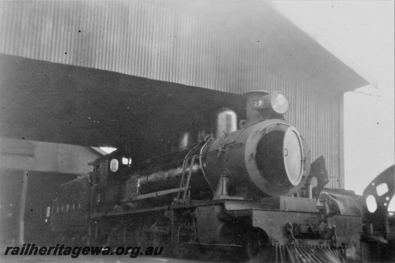 P21398
Midland Railway Co of Western Australia (MRWA) C class loco, smoke box door ajar, in depot, shed, MR line, side and front view
