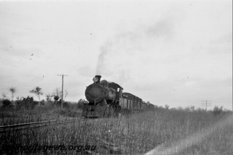 P21400
Midland Railway Co Of Western Australia (MRWA) C class loco, on goods train, MR line, front and side view
