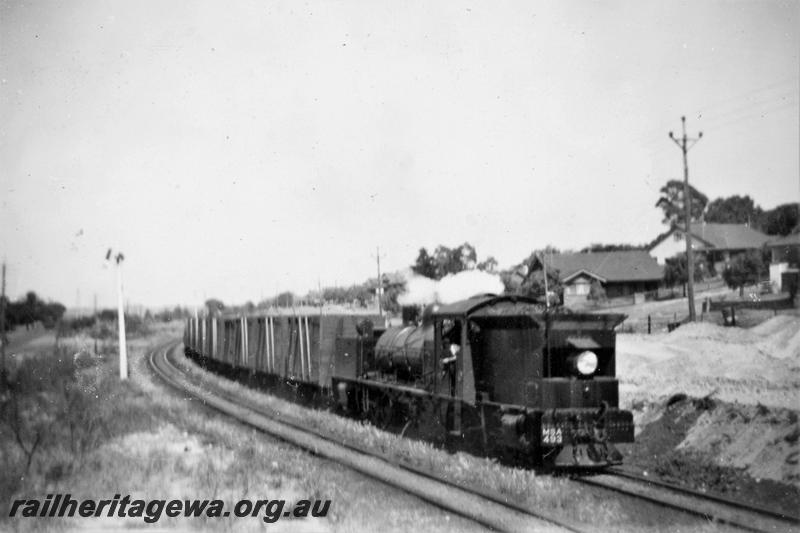 P21406
MSA class 493, running tender first, on goods train, signal, between Mount Lawley and Maylands, ER line, side and front view 
