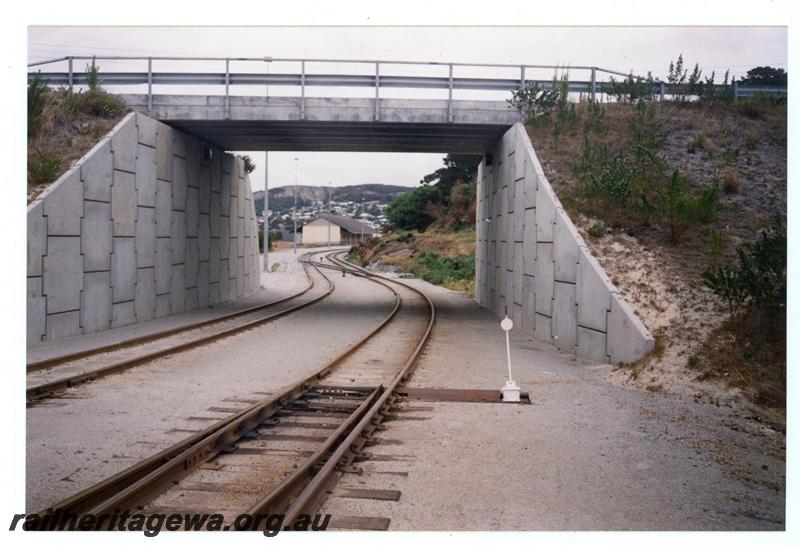 P21455
Points, point lever, crossover, tracks, overhead road bridge, Albany, GSR line, trackside view
