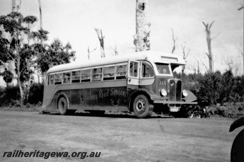 P21474
Railway Road Service Associated Equipment Company bus A15, parked by roadside, side and front view
