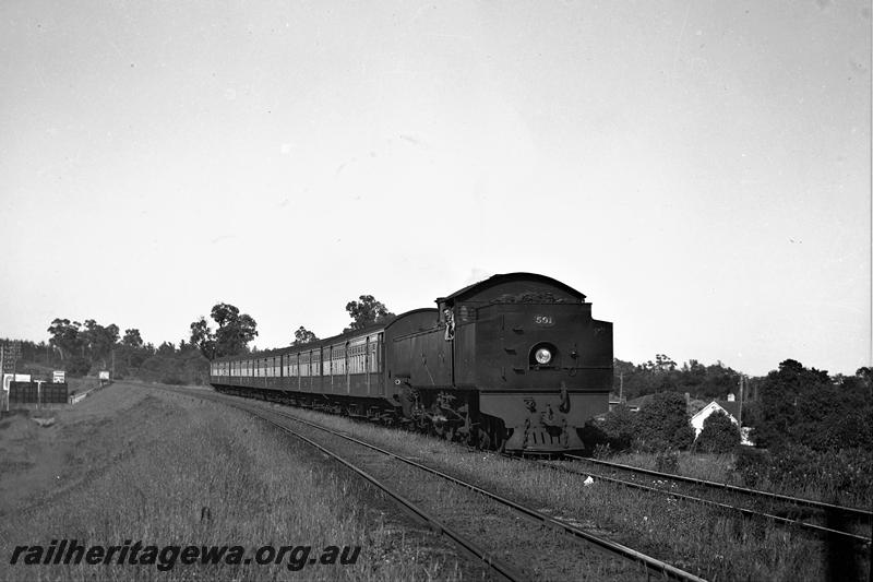 P21505
DD class 591, bunker first, on passenger train of Ay and AYB class carriages, road underpass, houses, Shenton Park, ER line, side and front view
