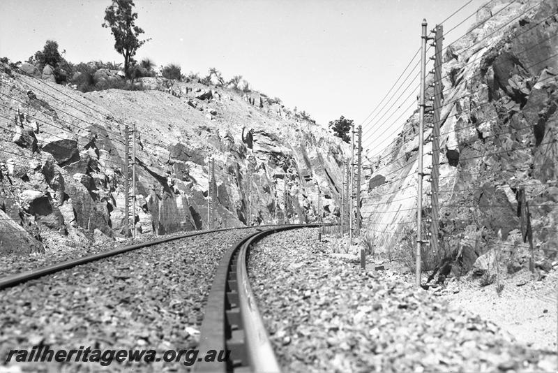 P21508
Deviation through Swan View cutting, rockslide wire fence, track, Swan View, ER line, view from track level
