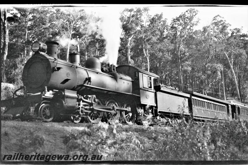 P21522
ES class loco on passenger train including compartment carriage and clerestory carriage, forest setting, Donnybrook to Bridgetown section, PP line, front and side view 
