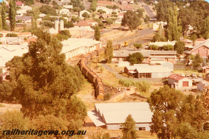 P21527
3 of 5 derailment of D class 1564, overview of derailed loco and goods train, various buildings, Bridgetown, PP line, view from elevated position

