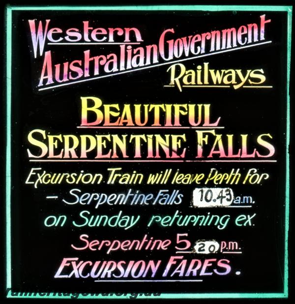 P21531
Cinema slide, advertising Sunday excursion train to Serpentine Falls departing 10.43 am, c1942
