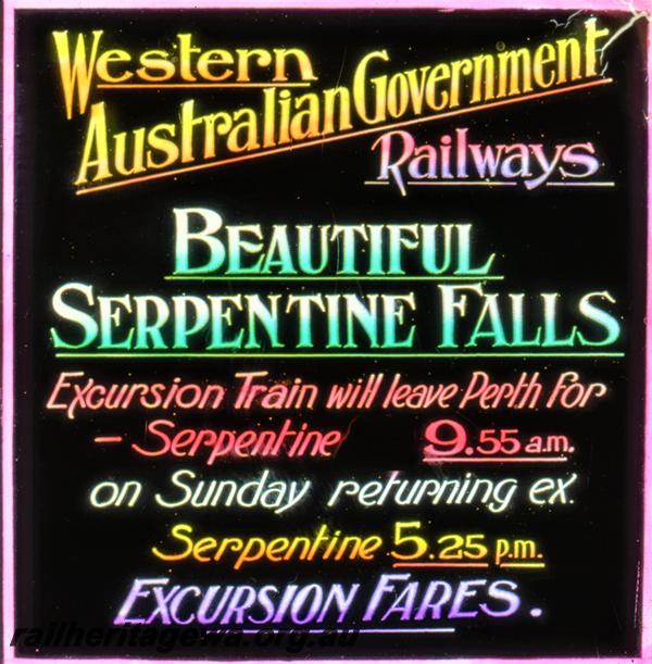 P21532
Cinema slide, advertising Sunday excursion train to Serpentine Falls departing 9.55 am, c1940

