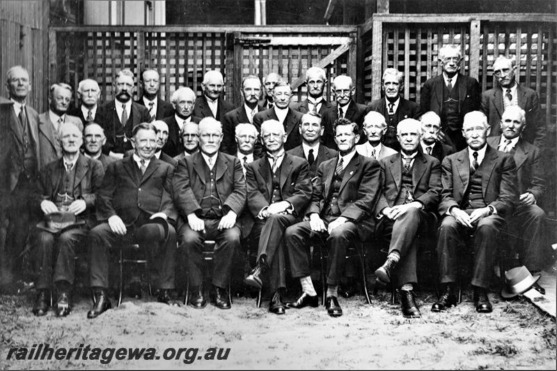 P21535
Group photo of Western Australian Retired Railway and Tramwaymen's Social Club, in front of lattice fence. Standing (left to right): HB Smith, EH Leaning, GH Harrop, S Inglis, WB Easthope, J Hudson, W Williams, D Grant, EHC Brown, H Sergeant, FC Bye, PF Sims, TA Moorhouse, GG Low, RW Lewis. Sitting (left to right): W Kirby, S Jackson, JJ..., CS Gallagher, JH..., E Watson, W..., HM Kennet, W..., EC Carthew, GM..., A Haigh, W..., A Hampton, PW Millar.
