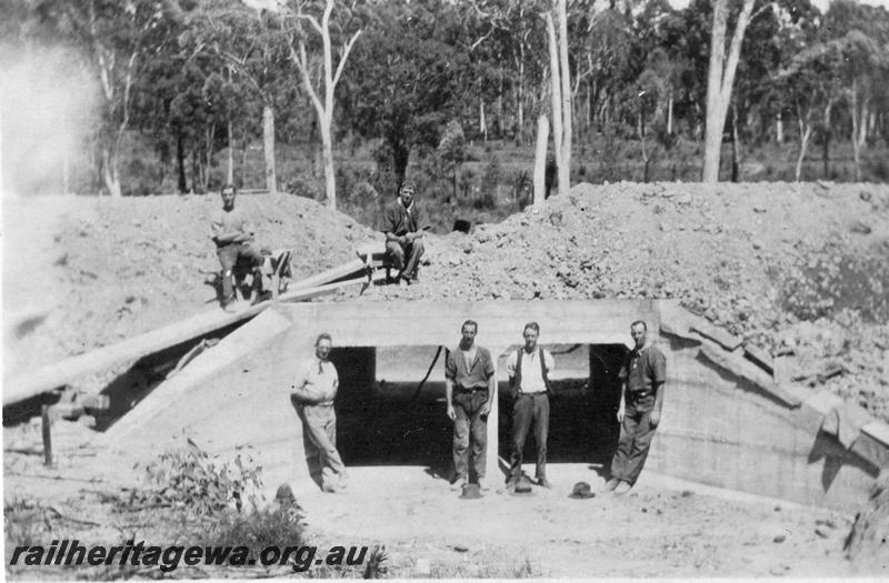 P21540
1 of 20 Construction Scenes of Third Beechina Deviation between Wooroloo and Chidlow ER line c1920s, work in progress at Martins culvert, workers

