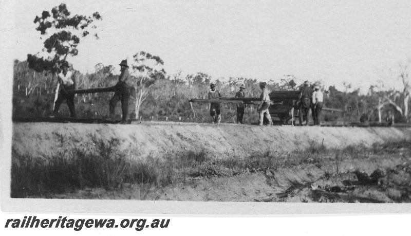 P21542
3 of 20 Construction Scenes of Third Beechina Deviation between Wooroloo and Chidlow ER line c1920s, track laying in progress, platelayers gang, formation 
