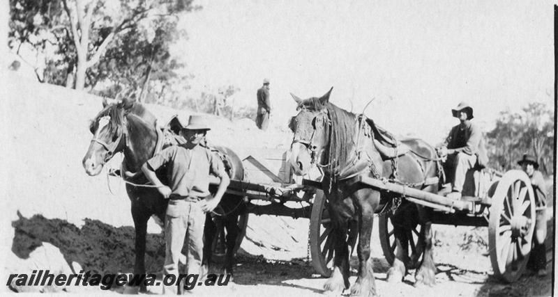 P21550
11 of 20 Construction Scenes of Third Beechina Deviation between Wooroloo and Chidlow ER line c1920s, horse drawn wagons with contractors J Sharp and S Ford
