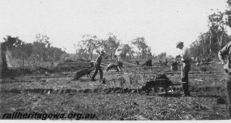 P21553
14 of 20 Construction Scenes of Third Beechina Deviation between Wooroloo and Chidlow ER line c1920s, wheelbarrowing dirt, workers, Leighs Bank
