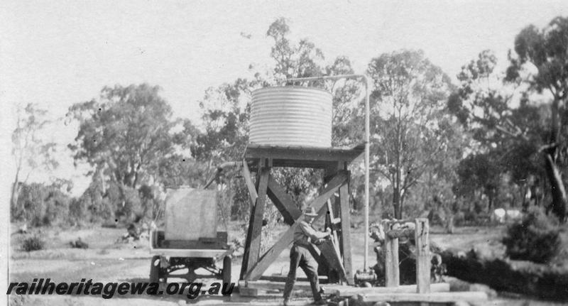P21558
19 of 20 Construction Scenes of Third Beechina Deviation between Wooroloo and Chidlow ER line c1920s, water tank, pumping station, truck, driver, Beechina
