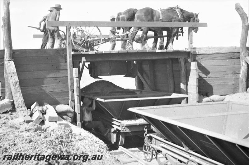 P21576
Loading ballast, from horse drawn wagon on wooden overpass into hoppers on tracks below, workers, Eradu, NR line
