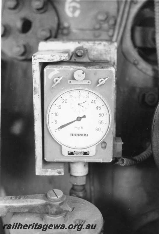 P21682
Hasler speedometer, on steam loco, Collie, BN line, close up view
