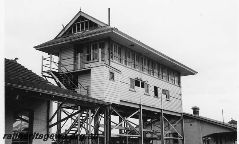 P21692
Signal box, station buildings, Merredin, EGR line, view from track level
