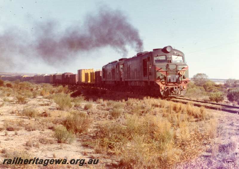 P21764
XA class 1403 and XA class 1407 approaching Merredin from Narembeen. Train working up a grade both locomotives emitting black smoke. NKM line.
