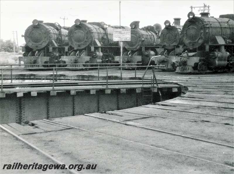 P21785
Bunbury Roundhouse - from left V class 1201, PR class 727, W class 917, V class 1217. SWR line.
