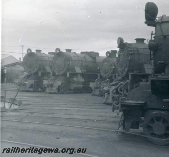 P21788
Bunbury  Roundhouse from left V class 1217, PMR class 727, W class 917, V class 1214. SWR line.
