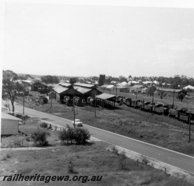 P21810
Northam Steam locomotive depot. Photo  taken from ARHS tour train heading to Greenhills.  GSR line. 
