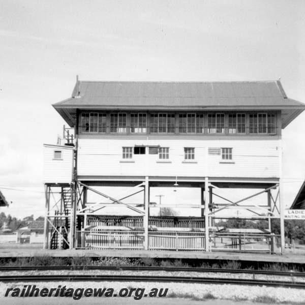 P21836
Signal box, on stilts on platform, Merredin, EGR line, side view 
