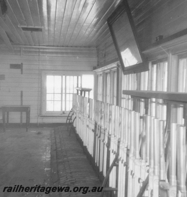 P21838
Interior of signal box, lever frame, track diagram, Merredin, EGR line, inside view
