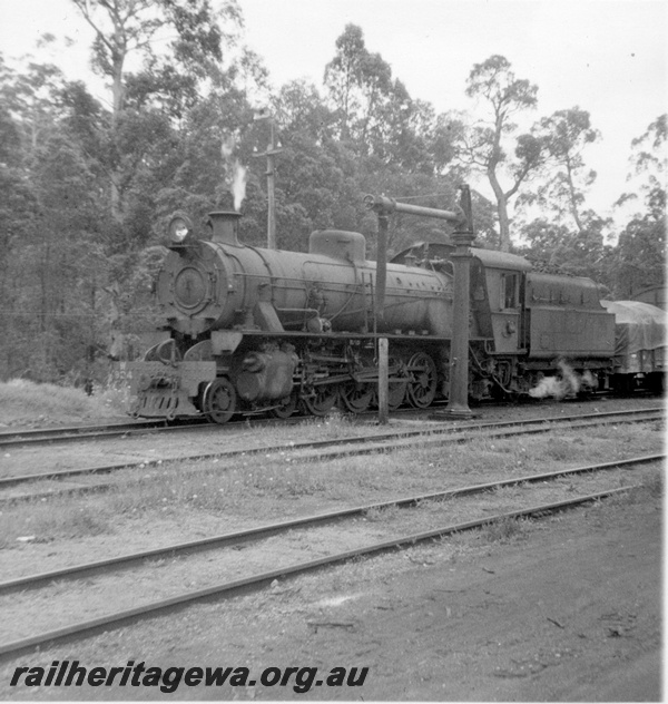 P21844
W class 924, on goods train, water column, Pemberton, PP line, front and side view
