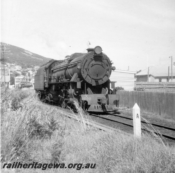 P21847
V class 1202, light engine, buildings, A post, Albany, GSR line, side and front view
