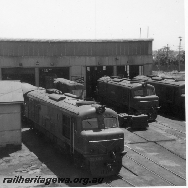 P21857
X class 1008, other diesel locos, shed, East Perth loco depot, ER line, side and end views
