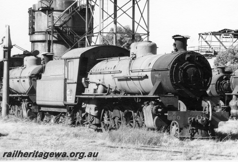 P21883
W class 960, other steam locos (part only shown), tower, at loco depot, Midland, ER line, side and front view
