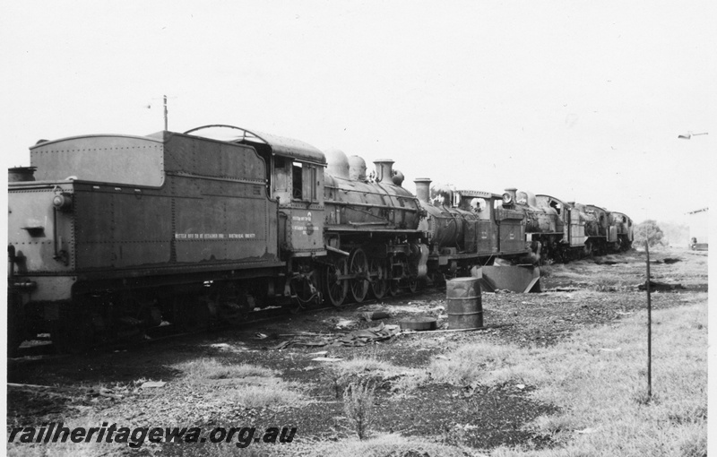 P21888
PR class 521, O class 218, other steam locos, at loco depot, Midland, ER line, end and side views
