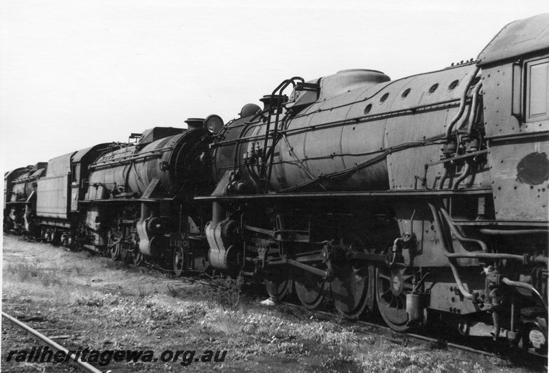 P21900
V class 1201, and 2 other steam locos, on scrap road, loco depot, Collie, BN line, side views
