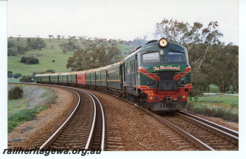 P21964
XA class 1401, hauling a Hotham Valley Railway (HVR) tour train westwards through the Avon Valley, view along the train
