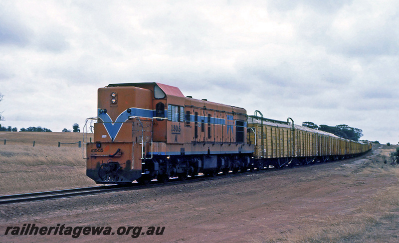 P21969
A class 1505, on goods train, Pallinup, TO line, front and side view
