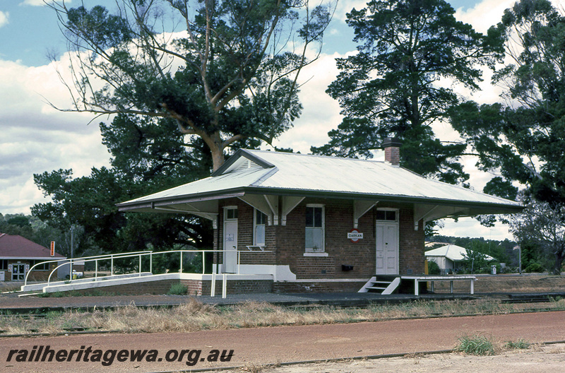 P21971
Station building, platform, track, road, Darkan, BN line, ground level view
