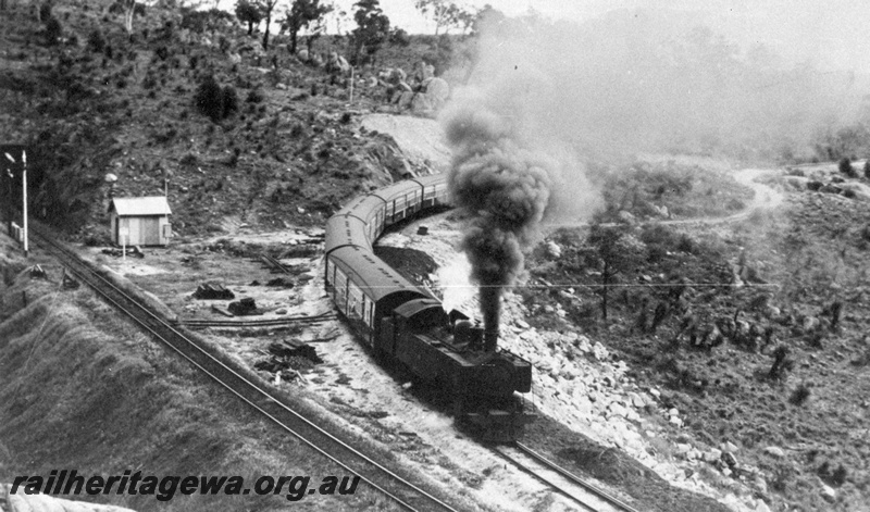 P21985
DD class hauling picnic train to National Park passing the eastern entrance to the Swan View tunnel.  ER line.
