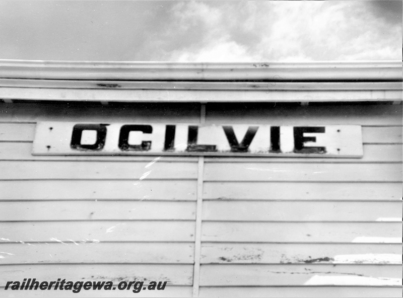 P21993
Nameboard, Ogilvie, GA line, mounted on a shed wall, 
