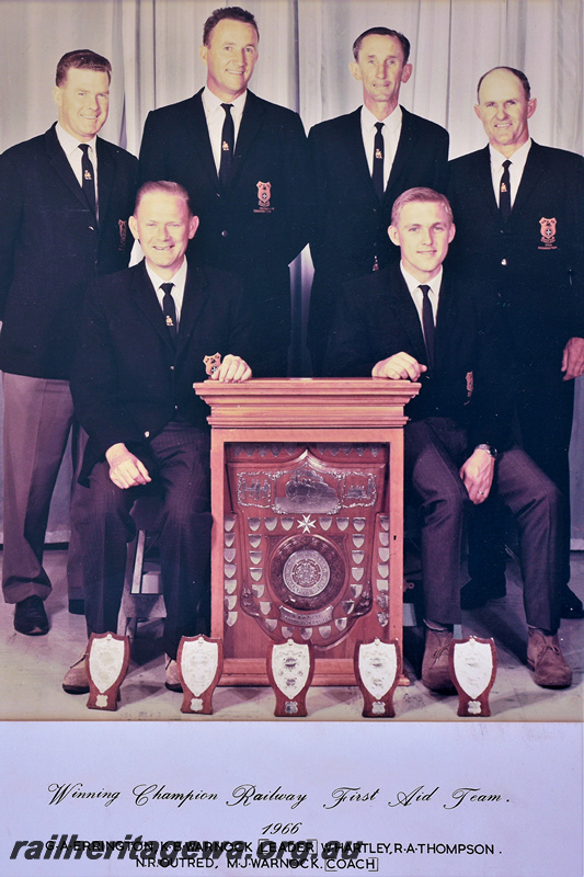 P22034
Group photo, Winning Champion Railway First Aid Team 1966. Front row: N.R. Outred, M.J. Warnock (coach). Back row: G.A. Errington, K.B. Warnock (leader), W. Hartley, R.A. Thompson.
