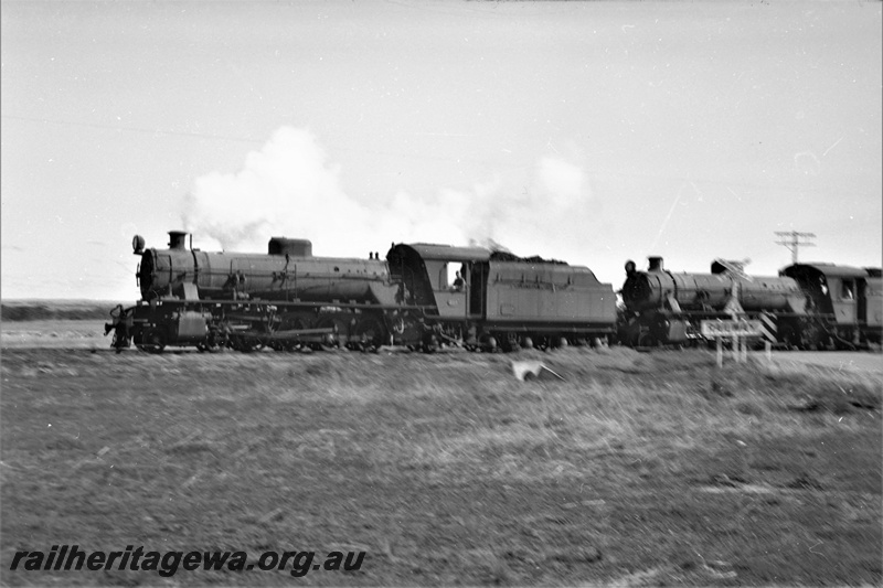 P22044
Two W class locos, passing level crossing, rural setting, front and side view
