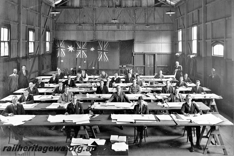 P22170
Drafting examination, candidates, invigilators, Railway Institute building, Perth, ER line, interior view
