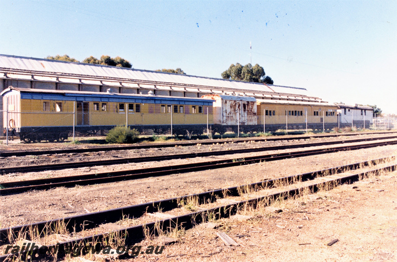 P22192
Workmen's vans VW class 5122 (formerly ACL class 409), EB class 15319, VW class 5137 (formerly AT class 302), VW 5087 (formerly ZA class 181), shed, tracks, Wyalkatchem Museum, GM line, end and side view
