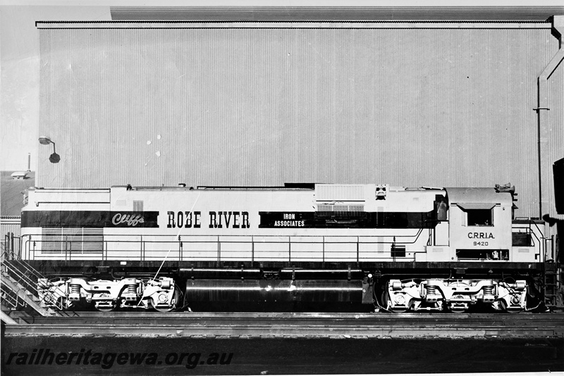P22209
Cliffs Robe River Alco diesel no 9420, originally built for Chesapeake and Ohio Railroad in 1967, at Cape Lambert, Pilbara, side view
