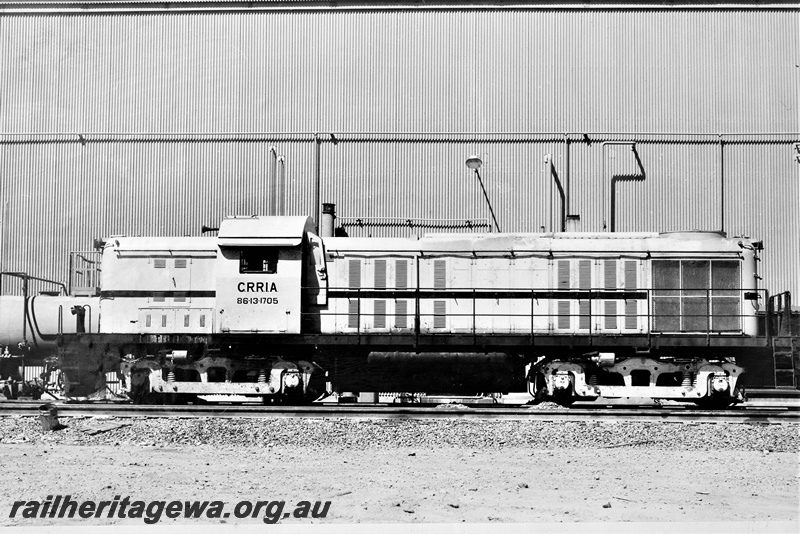 P22212
Cliffs Robe River diesel no 1705, as a B0-B0, originally built as NSWGR 40 class A1A-A1A by Montreal Loco Works in 1951, at Cape Lambert, Pilbara, side view
