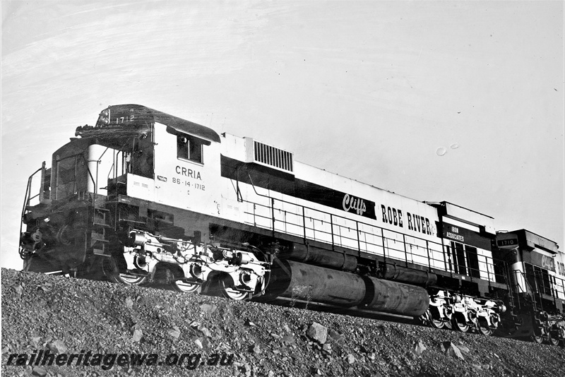 P22215
Cliffs Robe River diesel number 1712 (later 9412), at Pannawonica, Pilbara, front and side view
