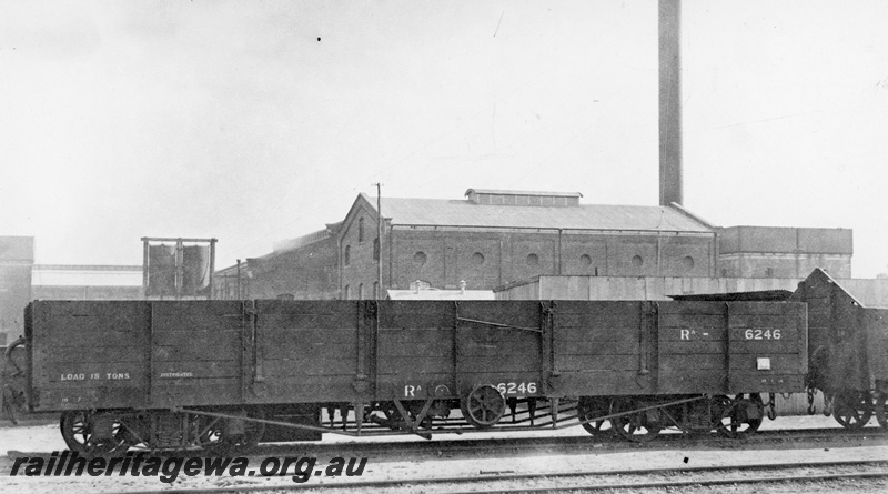 P22227
RA class 6246 wagon, 5 plank bogie open wagon,  American built with archbar bogies, in service 1903, to JETTY 832 on 22/9/1950, demolished 22.9.1951, Workshop's Pattern Shop, Midland Workshops, ER line, side view
