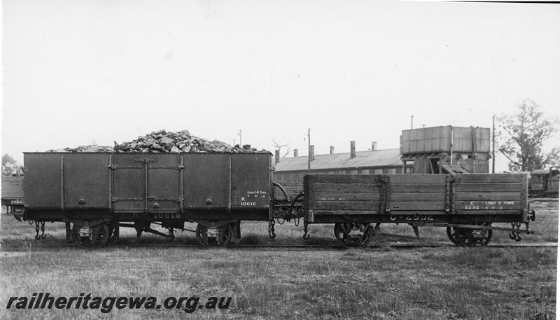 P22231
K class10616 wagon, C class 2592 wagon, shed, water tower, water crane, side views 
